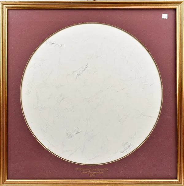 A collection of tennis memorabilia, comprising: a circular framed sheet of autographs from the all England lawn tennis club, 1986, a Coca Cola kit bag