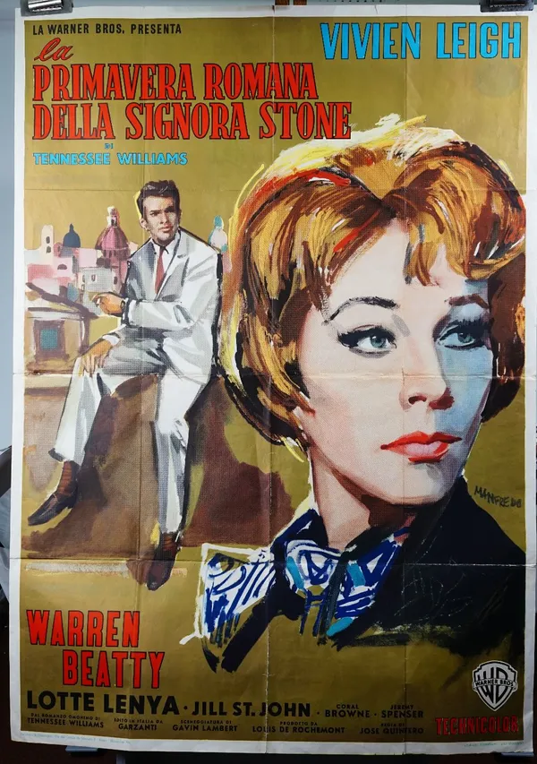 La Primavera Romana Della Signora Stone, Warren Beatty, Vivien Leigh, 100cm x 137cm, folded, stamped Vecchioni & Guadagno, Novembre 1961, artist Manfr