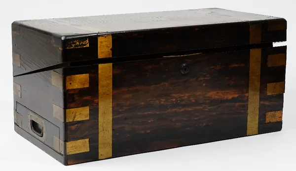 A large Victorian brass bound coromandel writing slope, with Bramah lock and fitted interior, 51cm wide x 24cm high.