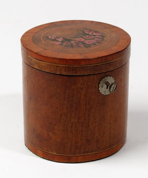 A George III satinwood banded later polychrome painted circular mahogany tea caddy, 14cm diameter x 14cm high, together with an 18th century inlaid ma