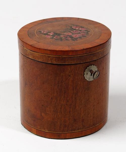 A George III satinwood banded later polychrome painted circular mahogany tea caddy, 14cm diameter x 14cm high, together with an 18th century inlaid ma