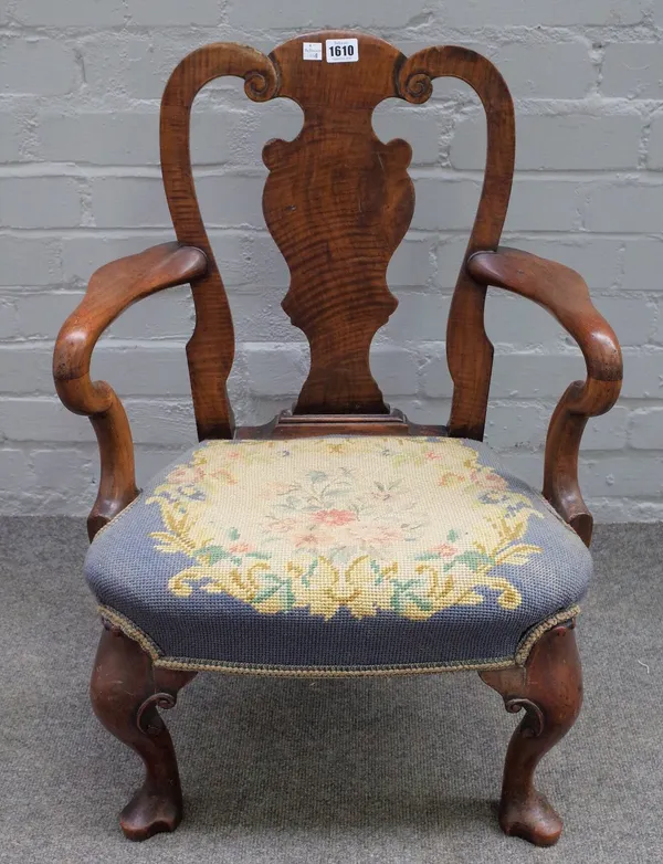 A 19th century child's walnut vase back open armchair, of Queen Anne design, 48cm wide x 69cm high.