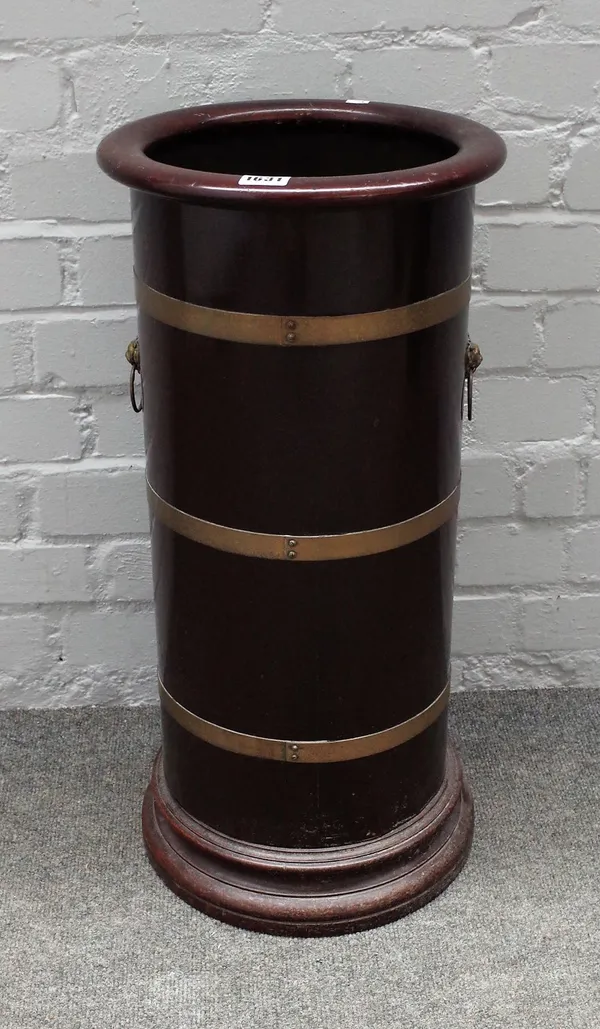 J A Wylie & Co, 62 Holborn Viaduct, London EC; a brass bound cooper made mahogany stick stand, 30cm diameter x 63cm high.