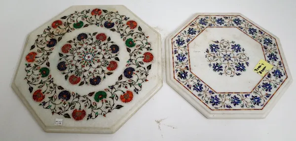 A 20th century floral specimen marble and mother-of-pearl inlaid octagonal table top, 46cm diameter, together with a similar smaller 39cm diameter, (2