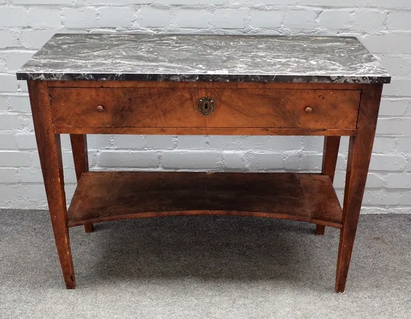 A 19th century French console, the marble top over a mahogany single drawer base, 97cm wide x 76cm high.