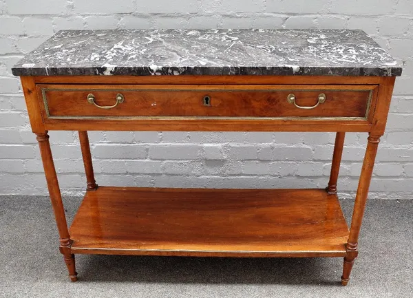 A French walnut and brass bound console table, 19th century, with grey veined marble top, frieze drawer and undertier, 103cm wide x 40.5cm deep x 81.5