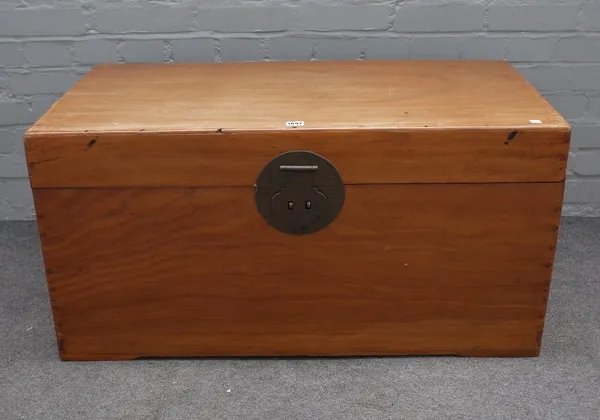 A late 19th century Chinese export rectangular camphor wood trunk, 96cm wide x 48cm high.