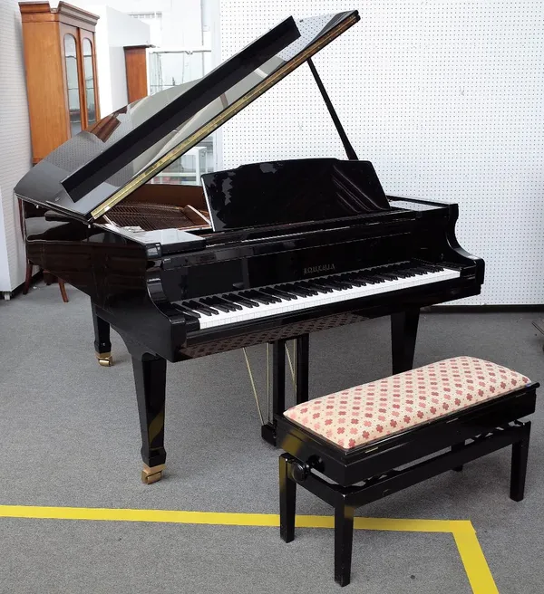 A Bohemia iron framed overstrung grand piano, 20th century, in a black high gloss case, no. 74459, on square tapered legs and castors, 185cm long, tog