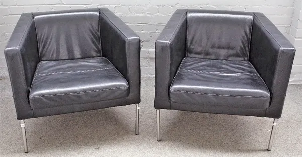 A pair of retro design black leather upholstered square back armchairs, on tubular chrome supports, 73cm wide x 72cm high.