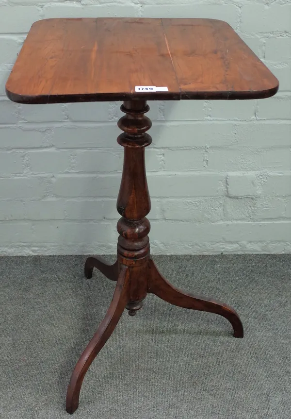 A George III yew wood tripod occasional table, with rectangular top and turned column, 49cm wide x 72cm high.