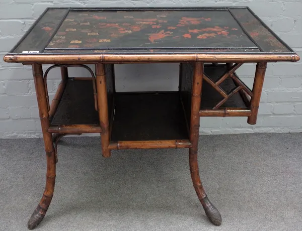 A Victorian bamboo and lacquer rectangular centre table, with split level undertiers on splayed supports, 95cm wide x 93cm high.