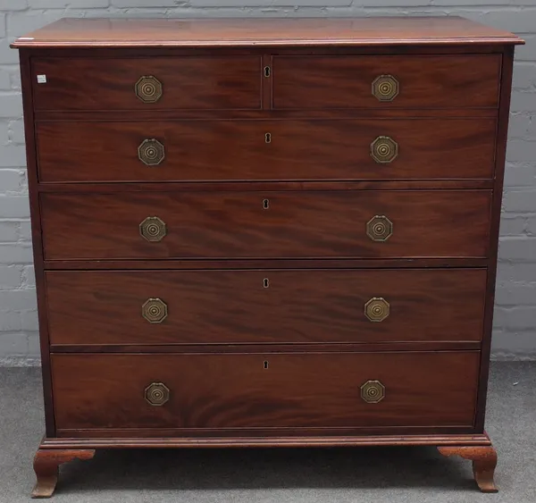 A George III mahogany secretaire chest, the fitted drawer over three further long graduated drawers on ogee bracket feet, 112cm wide x 112cm high.