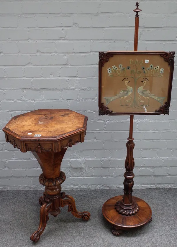 An early Victorian rosewood trumpet shaped work box, with fitted interior and tripod base, 46cm wide x 74cm high, together with a William IV rosewood