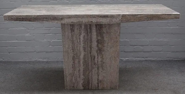 A pair of 20th century Italian marble console tables, each with rectangular tops on single pedestal bases, 140cm wide x 73cm high.