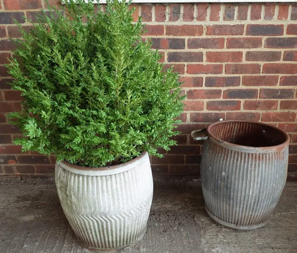 Two early 20th century zinc wash tubs/planters, with ribbed bodies, 48cm diameter x 52cm high.