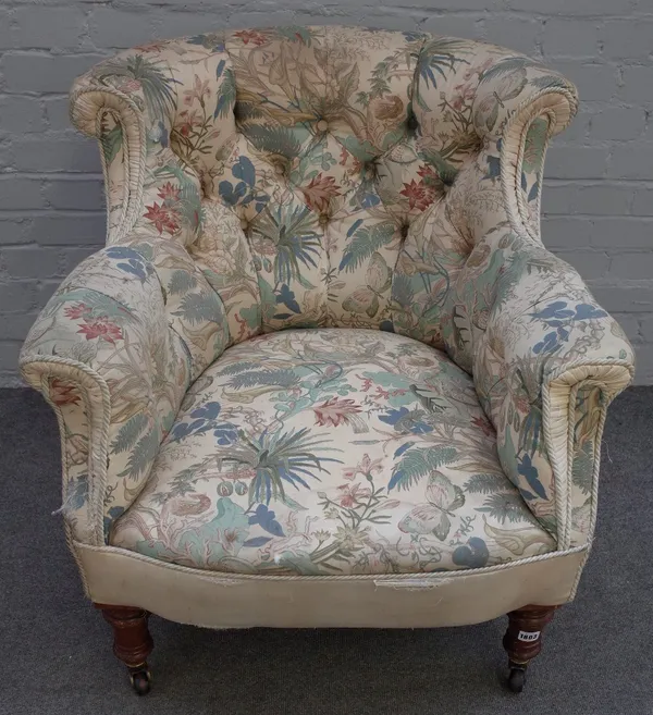 A late 19th / early 20th century tub back easy armchair, on turned mahogany supports, 76cm wide x 82cm high.