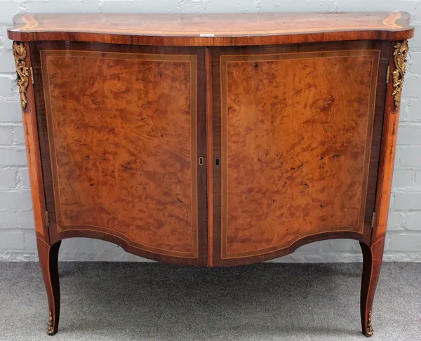 An 18th century style French floral marquetry inlaid gilt metal mounted pollard oak serpentine two door commode, on splayed supports, 112cm wide x 85c