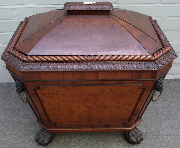 A Regency mahogany canted tapering rectangular wine cooler, with rope twist border and paw feet, with later top, 66cm wide x 52cm high.