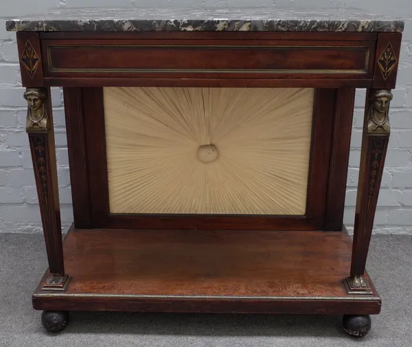 A French Empire console, the slide marble top exposing a pop up twin shelf back over single drawer on caryatid supports, 94cm wide x 87cm high. 6772