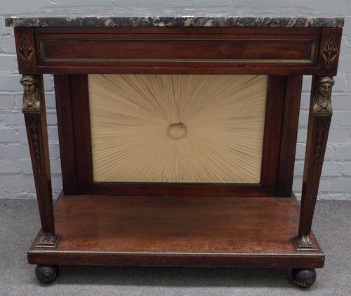A French Empire console, the slide marble top exposing a pop up twin shelf back over single drawer on caryatid supports, 94cm wide x 87cm high. 6772