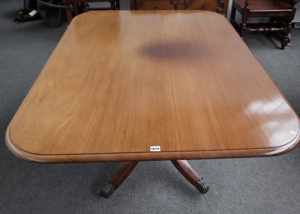 A George III mahogany rectangular snap top supper table, on four downswept supports, 153cm wide x 107cm long.