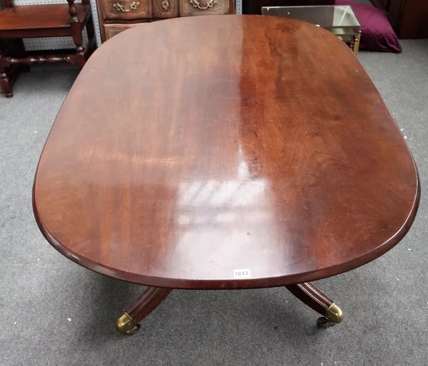 A George III mahogany breakfast table, the rectangular snaptop on turned column and four downswept supports, 161cm wide x 72cm high.