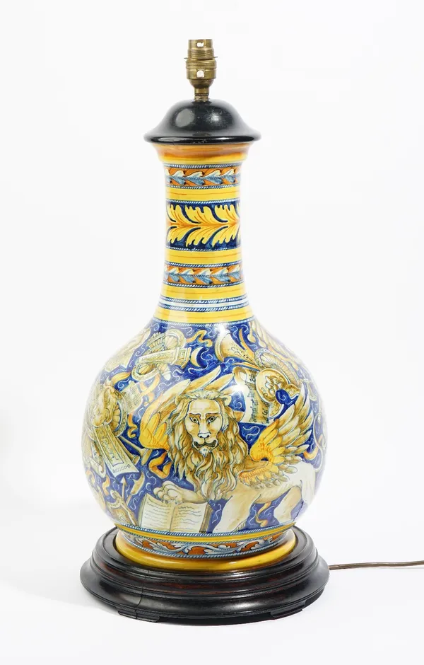 A large Italian maiolica vase adapted as a lamp, probably Cantagalli, early 20th century, of bottle form, painted in earlier Castel Durante style with