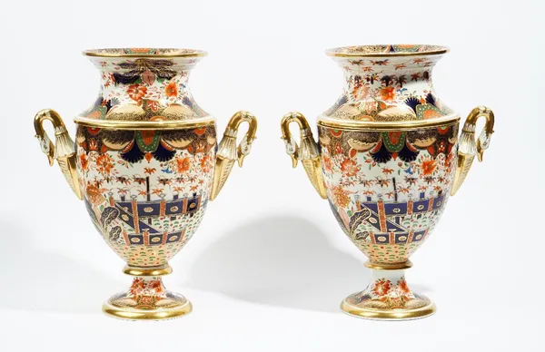 A pair of English porcelain Japan pattern two-handled ice pails and covers, probably Spode, 19th century, painted with a version of the factory's `967