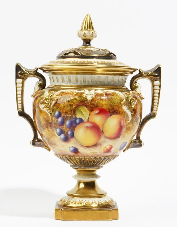 A Royal Worcester bone china two- handled pot pourri vase and cover, painted with an arrangement of fruit, by S Weston, signed, black printed mark, pa