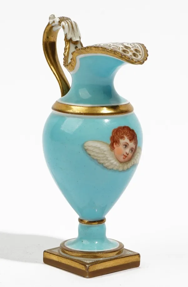 A small Flight, Barr & Barr Worcester jug, circa 1830, the ovoid body painted with a winged cherub's head against a blue ground, puce script mark, 12.