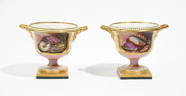 A pair of Barr, Flight & Barr Worcester two- handled pink- ground urns, circa 1810, set with gilt rams head handles beneath beaded rims, painted each