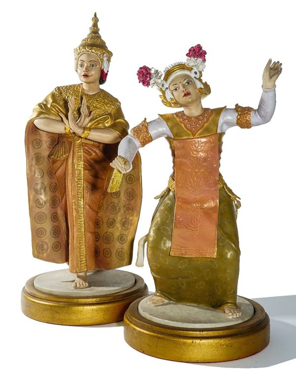 A rare and large pair of Royal Worcester figures of Balinese and Siamese dancers dated 1959, modelled by Agnes Pinder-Davis, shapes 3473 and 3474, lim