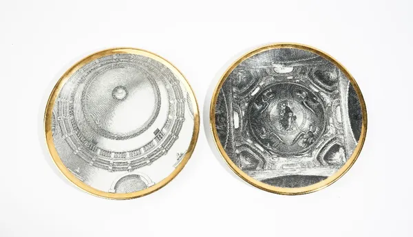 Two Fornasetti porcelain plates from the series of church domes, `cupole  d'Italia', circa 1960, printed with  `La cupola della Rotonda' and `La cupol