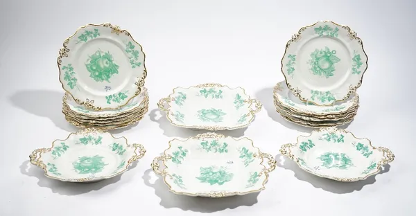 A Ridgway porcelain part dessert service, circa 1830, each piece printed in green with a central group of fruit inside a border scattered with fruitin