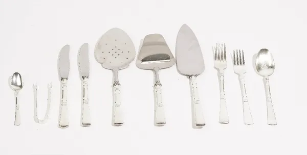 A stylish Norwegian silver canteen, Brodrene Mylius, detailed 830, comprising: ten tablespoons, twelve table forks, seven dessert spoons, twelve desse