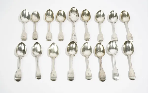 Silver table flatware, comprising: two fiddle pattern dessert spoons, London 1846, two fiddle pattern dessert spoons, London 1851, eleven further fidd