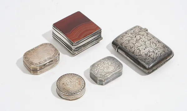 Silver and silver mounted wares, comprising; a cut cornered rectangular vinaigrette, decorated with an engraved border, the marks indistinct, a smalle