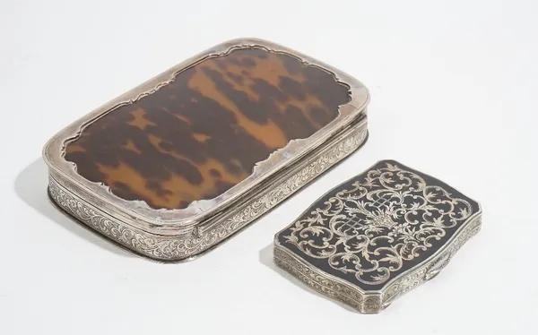 A Dutch curved rectangular silver and tortoiseshell hinge lidded box, the cover mounted with a tortoiseshell panel within a shaped border, the sides w