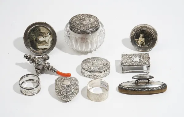 Silver and silver mounted wares, comprising; an oval hinge lidded box, decorated with classical figures and dogs, in a landscape scene, import mark, L