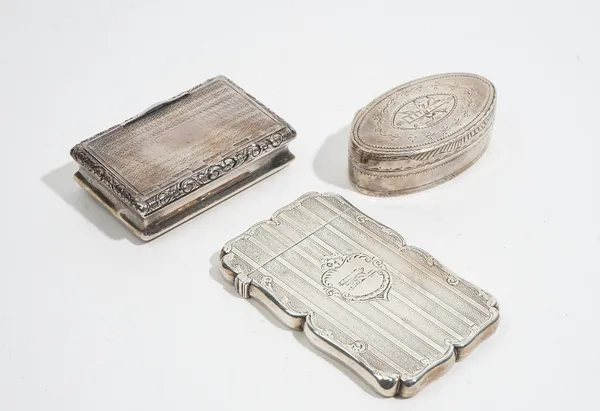 Silver, comprising; a Victorian shaped rectangular visiting card case, decorated with engine turned bands, Birmingham 1851, a George IV rectangular sn