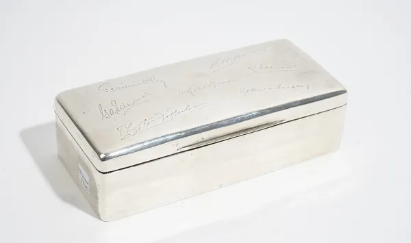 A rectangular hinge lidded table cigarette box, the lid engraved with seven facsimile signatures, wooden lined within, detailed SILVER, probably India