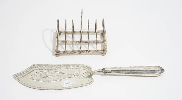 Silver, comprising; a Victorian seven bar toastrack, having a loop handle, raised on four spherical feet, London 1890, weight 100 gms and a George III