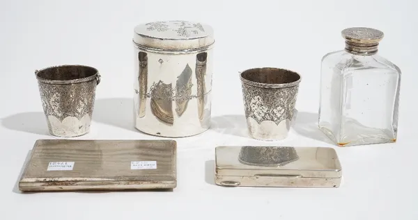 A group of foreign wares, comprising; a cylindrical box and cover, decorated with palm trees and dhows, probably Persian, two bucket shaped containers