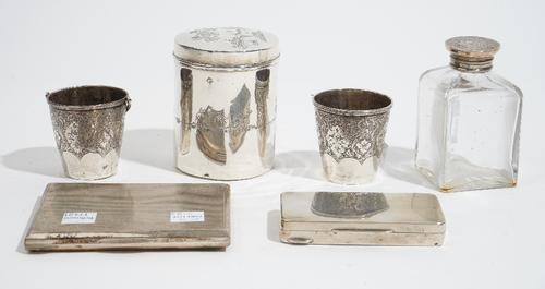 A group of foreign wares, comprising; a cylindrical box and cover, decorated with palm trees and dhows, probably Persian, two bucket shaped containers