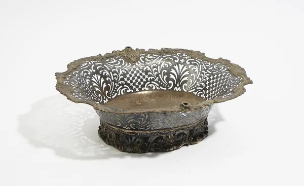 A George II shaped oval silver cake basket, by Samuel Herbert & Co, London 1750, pierced with quatrefoils and leaf scrolls beneath a cast shell and le