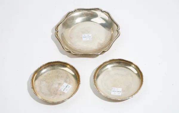 Foreign wares, comprising; a hexagonal trinket dish, detailed Grish Calcutta, diameter 13cm and a pair of circular dishes, detailed Sterling silver, M