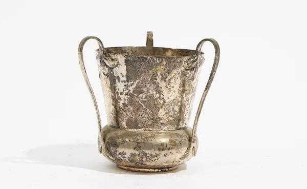 An Arts & Crafts silver tyg, by Herbert Charles Lambert, London 1902, of thistle shape with three scrolled side handles, 11cm high, weight 192 gms.