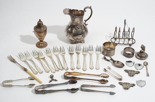 Foreign wares, comprising; a French napkin ring, twelve Danish pastry forks, combined weight 318 gms and a group of plated wares, including; a pair of