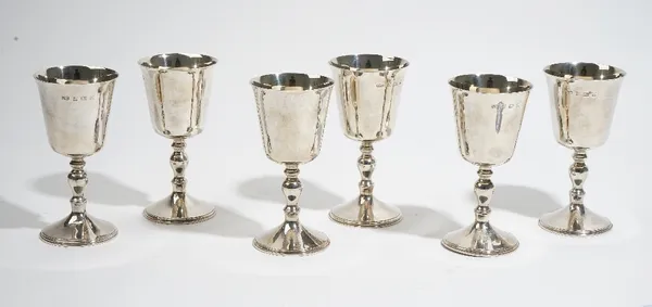 A set of six modern silver goblets, by Deakin & Francis, Birmingham 1972, in 17th century style, with baluster knop stems, 16cm high, 57ozs.