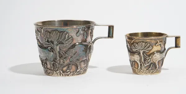 A Lalaounis model of The Vaphio Cup, decorated with bulls, trees and a figure, detailed 925 Lalaounis, height 7cm and a smaller Lalaounis gilt model o